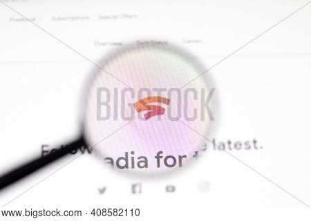 New York, Usa - 15 February 2021: Stadia Website In Browser With Company Logo, Illustrative Editoria