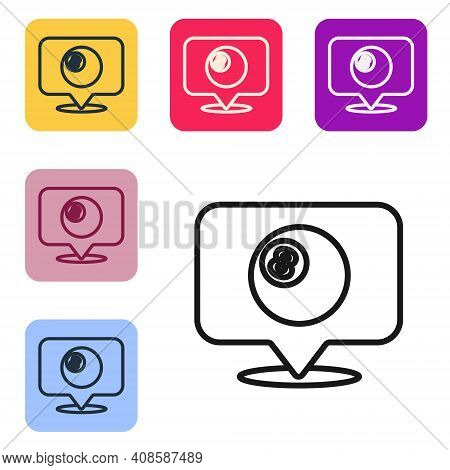 Black Line Map Pointer With Billiard Pool Snooker Ball With Number 8 Icon Isolated On White Backgrou