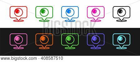 Set Line Map Pointer With Billiard Pool Snooker Ball With Number 8 Icon Isolated On Black And White 