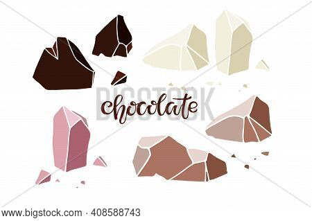Chocolate Different Kinds. Broken Pieces Of White, Milk, Dark, Ruby Chocolate. Chocolate Handwritten