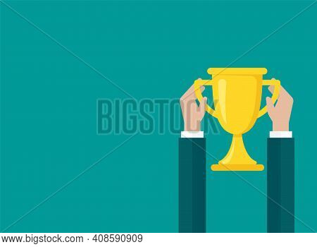 Hands With Gold Trophy, Winning Cup Isolated On Blue Background. First Place, Award Bowl. Symbol Of 