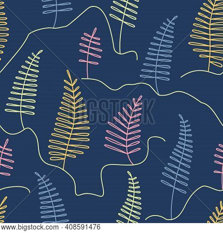 Beautiful Fairytale Coniferous Forest Seamless Pattern In Line Art Style. Multi-colored Fir Trees On
