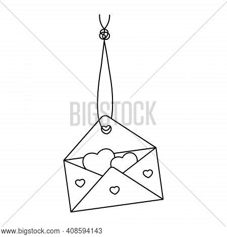 An Envelope With A Love Message Hangs On A Thread With A Knot. Sketch. Hearts Are Flying From The Le