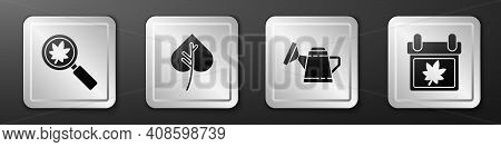 Set Magnifying Glass With Leaf, Leaf Or Leaves, Watering Can And Calendar With Autumn Leaves Icon. S
