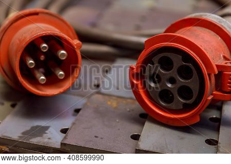 Red Three-phase Plug And Socket With Cable. 380 Volts.