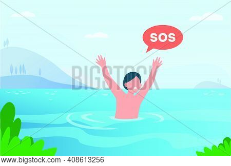 Child Sinking In Lake. Kid Shouting, Calling For Help. Flat Vector Illustration. Children On Beach, 