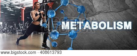 Metabolism Concept. Molecular Chain Illustration And Young Woman Doing Exsercise In Modern Gym, Bann