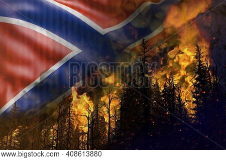Forest Fire Fight Concept, Natural Disaster - Flaming Fire In The Woods On Novorossia Flag Backgroun