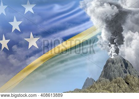 Big Volcano Blast Eruption At Day Time With White Smoke On Solomon Islands Flag Background, Suffer F