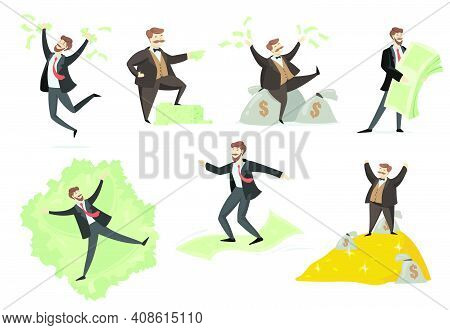 Happy Rich Man Playing With His Money Flat Set For Web Design. Cartoon Millionaire Or Banker Having 