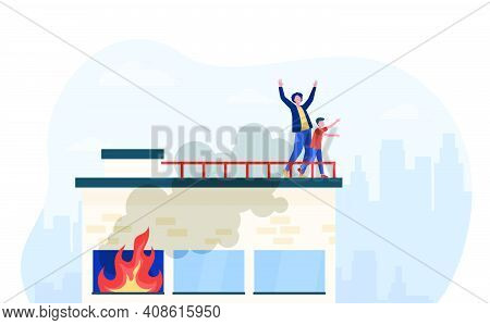 People Calling For Help On Top Of Fire Building. Accident, Smoke, Victim. Flat Vector Illustration. 