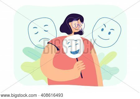Sad Woman Hiding Emotions Under Mask Flat Vector Illustration. Cartoon Miserable Character With Fals