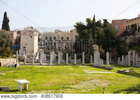 Athens Greece. February 11, 2021. Roman Agora Background, Coronavirus Lockdown.