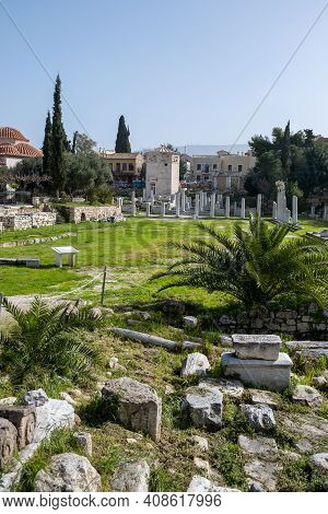 Athens Greece. February 11, 2021. Roman Agora Background, Coronavirus Lockdown.