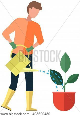 Male Character Watering Flower In Pot. Guy Takes Care Of Green Plant With Big Leaves. Man Holds Wate