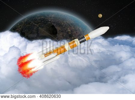 3d Image Illustration Orange And White Multistage Space Rocket Model Flies Pass Cloud To Exploration
