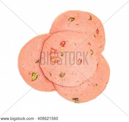 Closeup Bologna Sliced Isolated On White Background