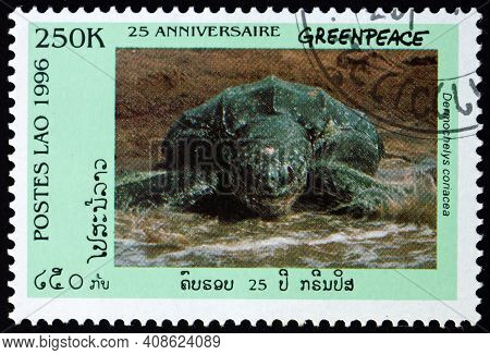 Laos - Circa 1996: A Stamp Printed In Laos Shows Leatherback Sea Turtle, Dermochelys Coriacea, 25th 