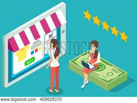 Online Shopping Concept On Computer Desk Vector Flat Illustration. People Buyer And Manager In Offic