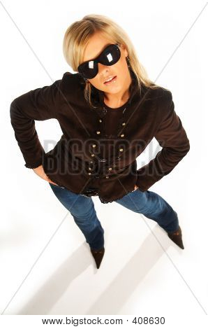 Blonde Girl With Black Sunglasses On White