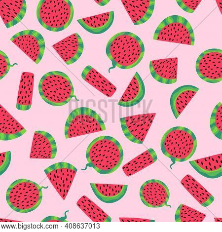 Watermelon Slices On Pink Seamless Pattern Stock Vector Illustration. Cartoon Geometry Shaped Fruit 