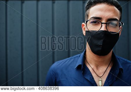 Middle Eastern Entrepreneur Wear Black Face Mask And Eyeglasses. New Normal Life After Coronavirus P