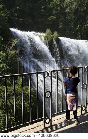 Terni (tr), Italy - May 10, 2016: A Child Looks The Famous Marmore Waterfall, Terni, Umbria, Italy