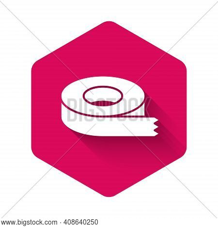White Scotch Tape Icon Isolated With Long Shadow Background. Insulating Tape. Pink Hexagon Button. V