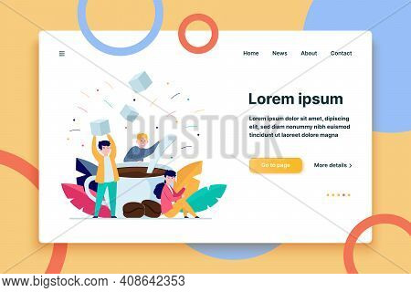 Tiny People Mixing Sugar In Big Cup Of Coffee Flat Vector Illustration. Cartoon Office Employees At 