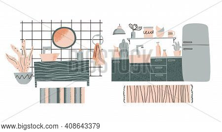 Furniture Showroom Concept. Kitchen And Bathroom Interior Design. Furniture Elements Set. Home Acces