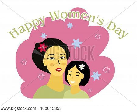 Dark Haired Woman And Girl Mother And Daughter In The Hair Of Women Flowers Lilies 
 Women Smile And