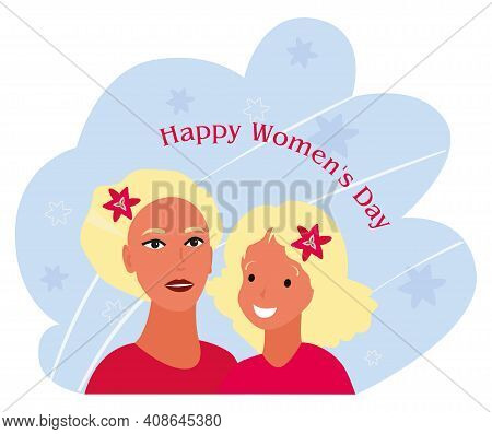 Blonde Woman And Girl Mother And Daughter In The Hair Of Women Red Flowers Lilies 
 Women Smile And 