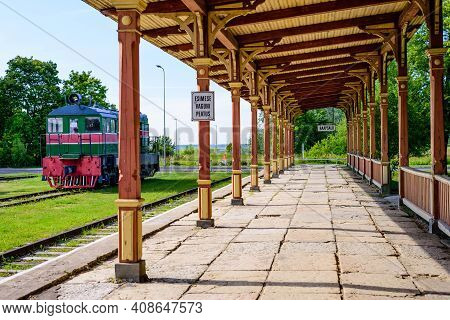 Haapsalu, Estonia - July 9, 2018: Sightseeing Of Haapsalu. Railway Museum. Vintage Retro Wooden Haap