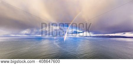 Aerial View Of An Rainbow Above The Atlantic Ocean In Donegal - Ireland