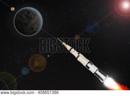 3d Image Illustration Black And White Multistage Space Rocket Model Flies To Exploration Planet At H