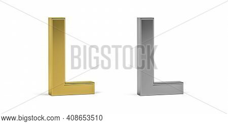 Three Dimensional Letter L Made In Two Types Of Materials - Gold, Aluminum - On White Background - 3