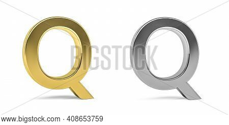 Three Dimensional Letter Q Made In Two Types Of Materials - Gold, Aluminum - On White Background - 3