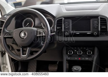 Russia, Izhevsk - September 25, 2020: Skoda Showroom. Interior Of New Karoq Car. Famous World Brand.