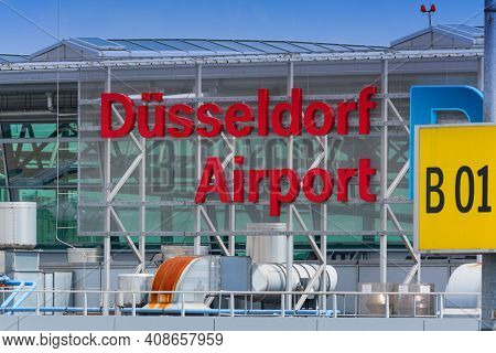 Duesseldorf, Nrw, Germany - June 18, 2019:\nlogo Of Duesseldorf Airport On Terminal