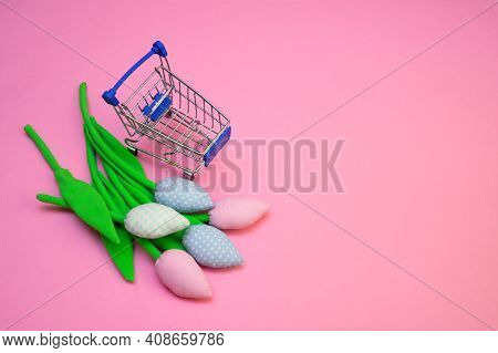 Bouquet Tulips In Shpping Trolley. Hand Made Fabric Flower For Lovers Gift For Valentines Day Or Wom