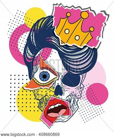 Bright Colored Collage In A Zine Culture Style Showing A Female Human Skull With A Eye, Lips And Cro