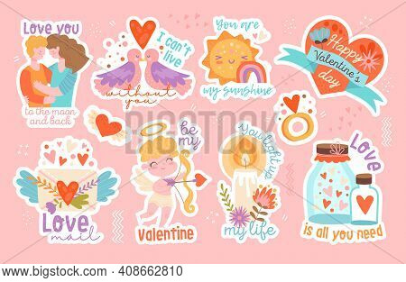 Set Of Eight Different Romantic Valentines Day Stickers Or Labels With Cupids, Love Birds, Couple An