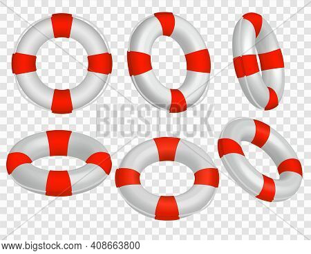 Set Of Sic Realistic Life Buoy Icons In Red And White Over A Transparent Background For Design Eleme