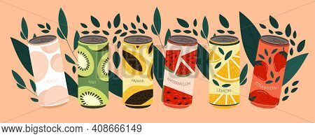 Various Soda Beverages. Set Of Drinks In Aluminium Cans. Sweet Carbonated Water With Different Fruit