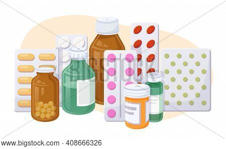 Various Medicines. Tablets, Capsules, Blisters, Glass Vials With Liquid Medicine And Plastic Tubes W
