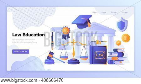 Concept Of Law, Jurisprudence, Legal Learning With Stacked Books, Scale, Document, Gavel, Graduation