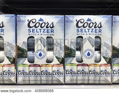Indianapolis - Circa February 2021: Coors Hard Seltzer Display. With Each 12 Pack Of Coors Hard Selt