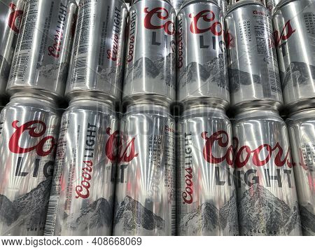 Indianapolis - Circa February 2021: Coors Light Beer Display. Molson Coors Is A Multinational Drink 