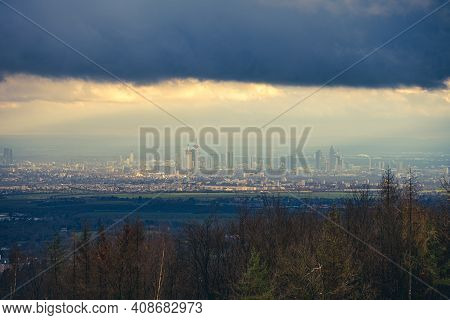 The Skyline Of The Financial District Of Frankfurt At Sunset Blue Hour With Fantastic Sky And Clouds