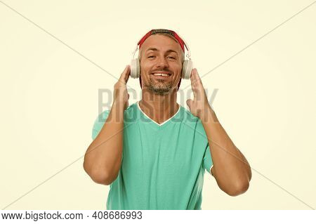 Just Be Cool. Cool Guy Listen To Music Isolated On White. Happy Man Wear Headphones. Cool Music. Fun